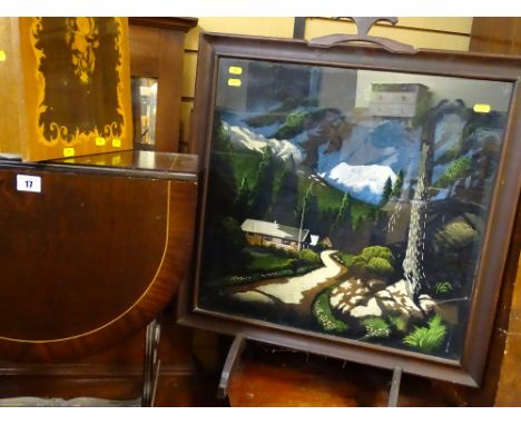 Small inlaid drop leaf lyre ended occasional table, Italian music box and a firescreen with alpine scene