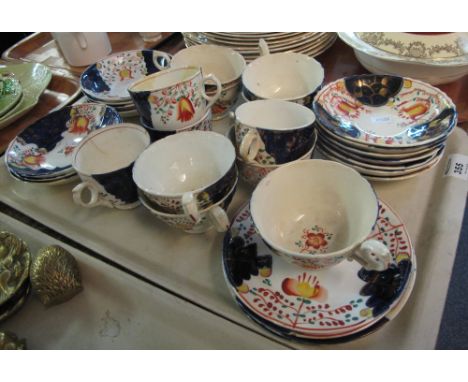 Tray of 19th Century Gaudy Welsh tulip design teaware items to include: cups; saucers and plates.