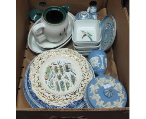 Box of assorted china to include: Wedgwood Jasperware items including trinket box; vase; pin dishes; Denby Greenwheat; water 