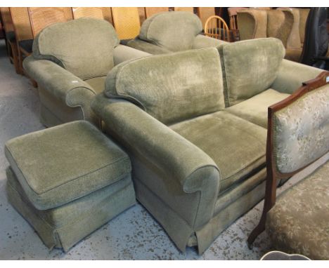 Modern Laura Ashley three piece suite comprising large two seater sofa, pair of armchairs and square stool. (4)