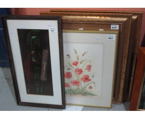 Group of assorted furnishing prints, including botanical studies and portrait of a Roman warrior in pastels. (4)