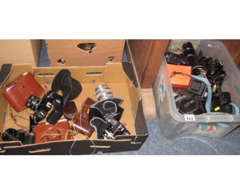 Two boxes of assorted cameras and equipment to include: Oplenflex; Chinon CE-4S; Johnson enlarger time switch; Yashika FX-3; 