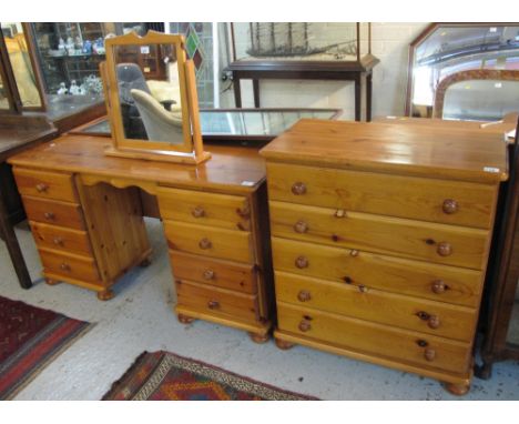 Modern natural pine, narrow, straight front chest of five drawers together with a matching kneehole pedestal desk or dressing