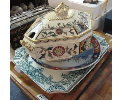 A large Victorian lozenge shaped floral tureen and cover marked: Buckingham, together with a pair of Ceramic Art Crown potter