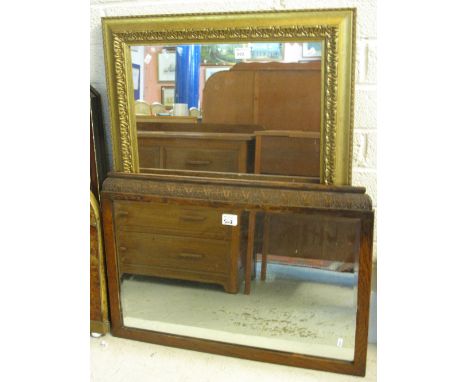 Large modern gilt framed rectangular mirror together with an oak framed and carved bevel plate over mantel mirror. (2)