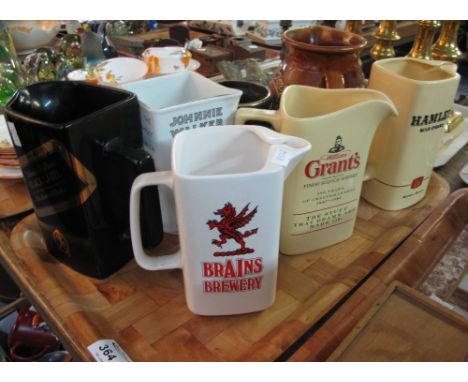 Tray of assorted advertising water jugs to include: Johnnie Walker; Wade; Johnnie Walker Black Label; Hamlet mild cigars; Gra