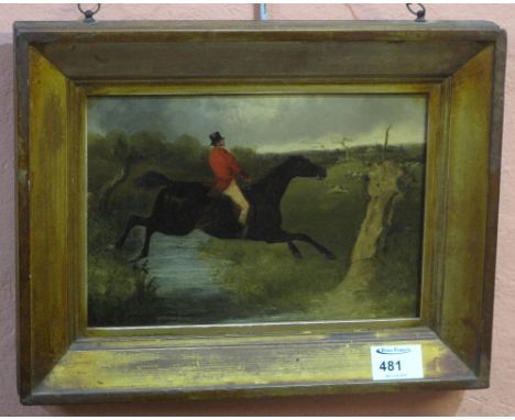 British School (19th Century), fox hunting scene with hunter leaping brook, oils on artist's board.  Framed.
