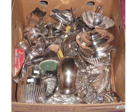 Box of assorted metalware to include: serving trays; Georgian style tea service; loose plated cutlery; bonbon dish; sugar sha