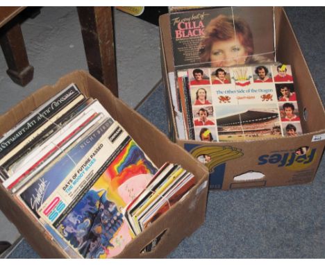 Two boxes of assorted vinyl LPs and 45s to include: The Moody Blues; Rod Stewart; The Other Side of the Dragon; Cilla Black; 