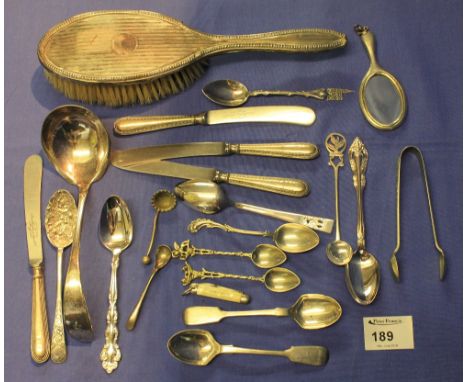 Bag of assorted silver and white metal to include: vanity brush; small silver engraved vanity mirror; assorted spoons; knives