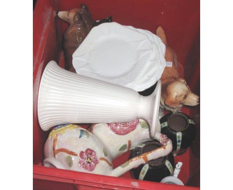 Box of assorted china to include: Wedgwood fluted pedestal vase; Shelley white fluted sandwich plates; ceramic animals to inc