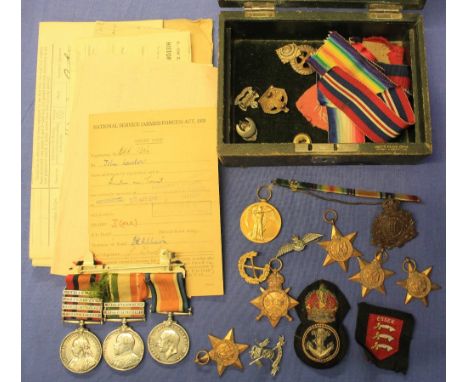 Box containing assorted medals to include: South Africa trio with clasps; Laing's Nek, Transvaal, Relief of Ladysmith; Tugela