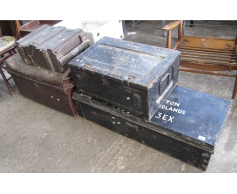 Two military tin boxes together with another wooden box and a tin trunk with carrying handles. (4)