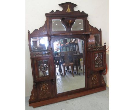Early 20th Century rosewood over mantel mirror, inlaid with angel, Classical urns and foliage.