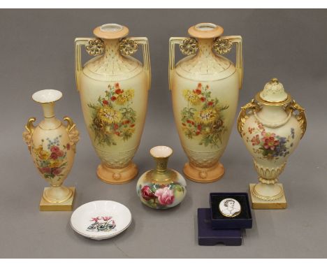 Three Royal Worcester vases, a Royal Worcester pin tray, a Royal Worcester Queen Elizabeth II Coronation brooch and another p