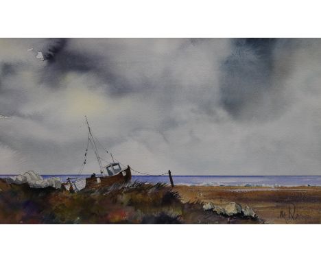 High and Dry, Waiting for Spring Tide, watercolour, indistinctly signed, framed and glazed; together with Boats on a Beach, l
