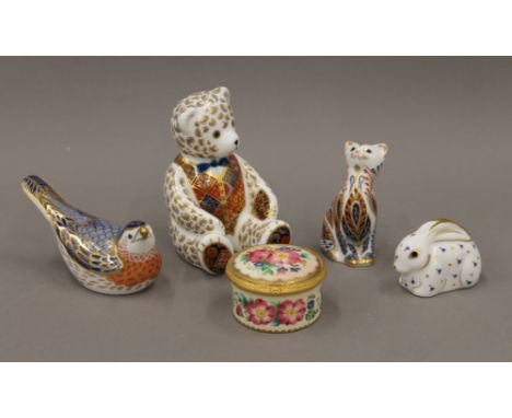 Four Royal Crown Derby paperweights and a Royal Worcester porcelain box