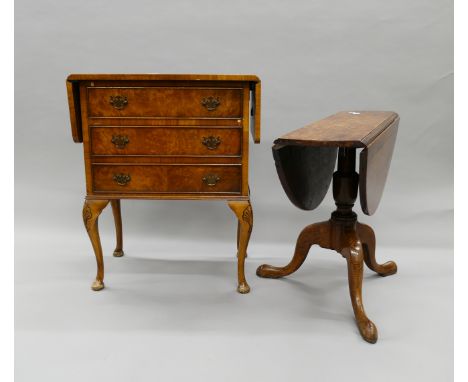 An oak folding tripod table and a walnut twin flap chest of drawers. The former 75 cm long.