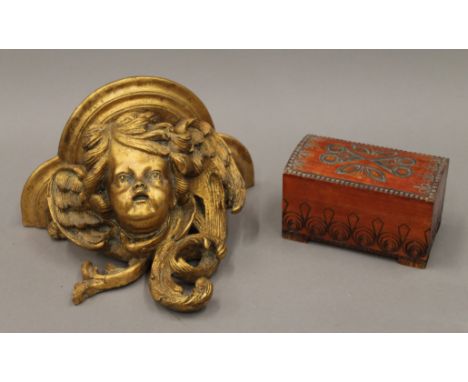 A gilt wall bracket and a carved box. The former 24 cm wide.
