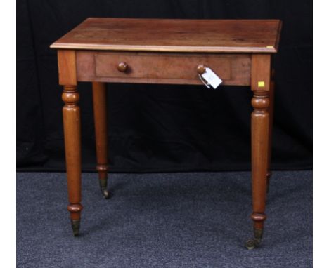 A late 19th century mahogany single drawer writing table, raised on ring turned supports with brass castors, 76 cm (30 in) wi