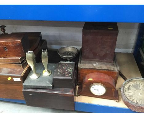 Edwardian mantel timepiece in mahogany inlaid case, ship's compass, Victorian walnut veneered writing box and sundry items