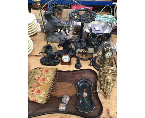Sundry items, including spelter figures, pewter, gilt wall bracket, clocks, inlaid mahogany tray, brass fire screen, etc