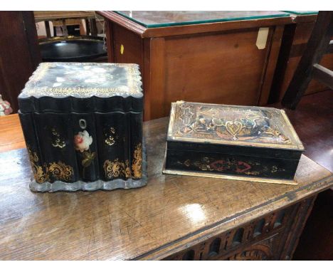 Victorian lacquered caddy with painted and inlaid mother of pearl decoration, and a further 19th century lacquered box with M