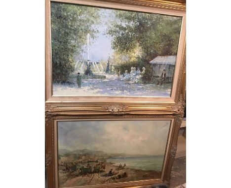 Du Bois - French school Impressionist oil on canvas - figures resting in a park near water fountain, 60cm x 91cm, together wi