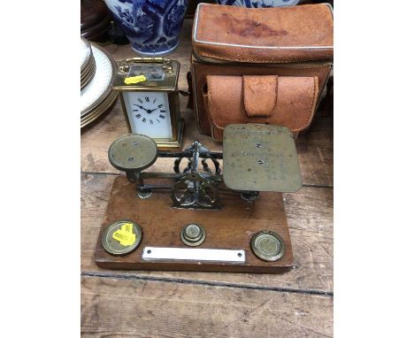 Brass carriage clock, together with, postal scales, camera