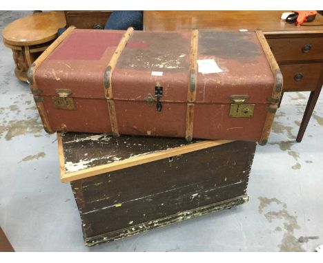 Antique pine tool chest on casters, together with a canvas covered trunk (2)