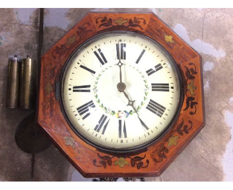 Late 19th century wall dial with circular white painted dial in brass and rosewood inlaid octagonal mahogany caseCondition re