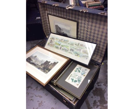Large vintage travelling trunk containing quantity pictures and prints