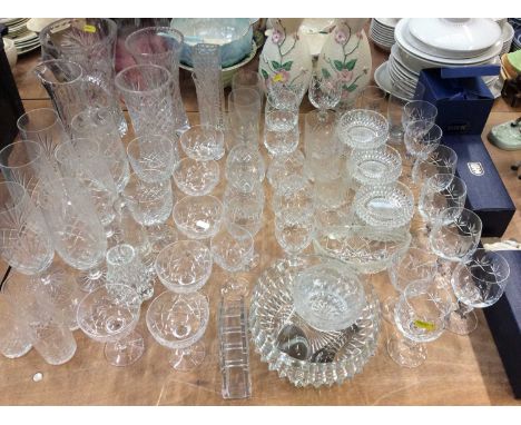 Group cut glassware including vases, wine glasses, whisky balloons and dishes
