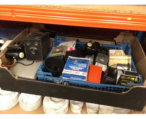 Sundry items, including a box of cameras and accessories, a box of vintage and other lighters, and a framed print