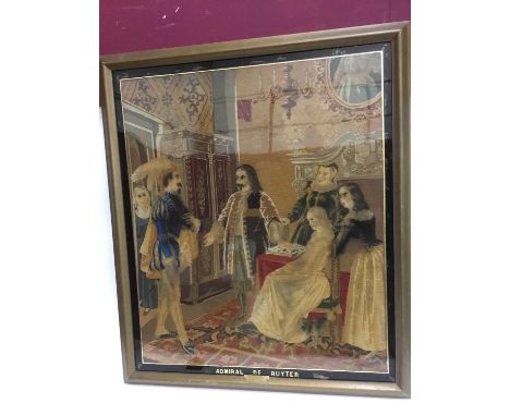 Large 19th century Continental woolwork tapestry, titled Admiral de Ruyter, verre eglomise glazed frame, total size 103 x 87c