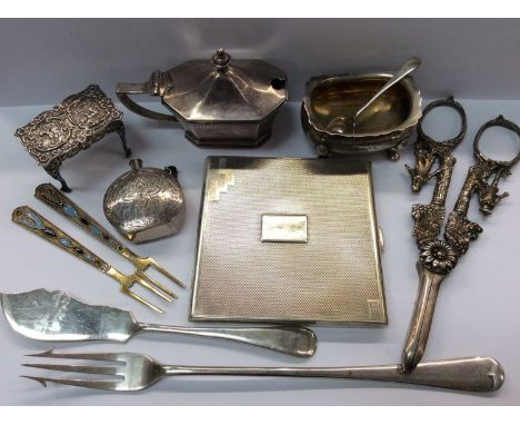 Pair of Russian silver gilt and enamel pickle forks, silver cigarette case, silver condiments and other silver itemsCondition