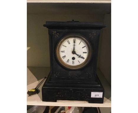 Victorian black slate mantel clock with white enamel dial, key and pendulum