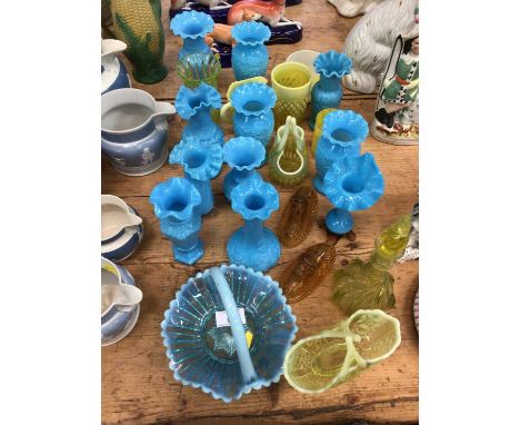 Victorian and later coloured glassware, including Vaseline glass baskets, opaque blue vases, etc (qty)Condition report: Yello