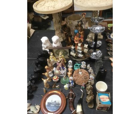 Sundry works of art, ceramic figurines, Oriental tables, African carvings and sundries 