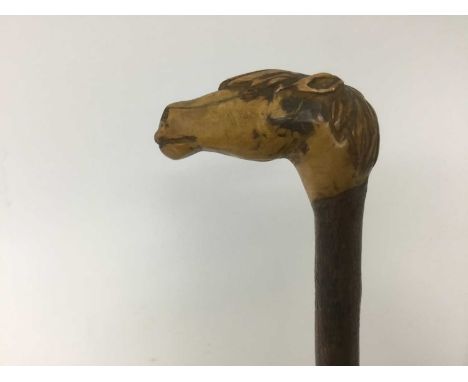 Carved wood walking stick, with horse head handle, 82cm high