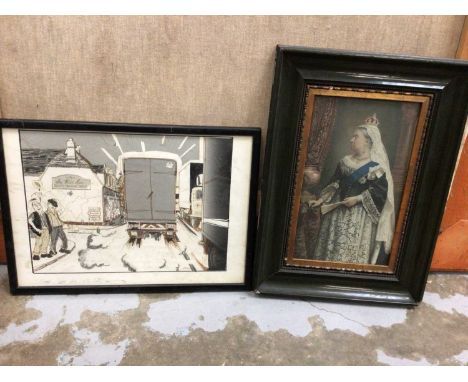 Framed print of Queen Victoria, and a framed cartoon of local interest