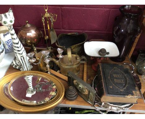 Sundry items, including brass and copper ware, Italian pottery cat, amethyst glass vase, Victorian bible, etc