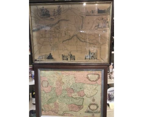 18th century engraving- map of Colchester by Thomas Sparrow, 1767, 52cm x 70.5cm in glazed frame, together with a print of a 