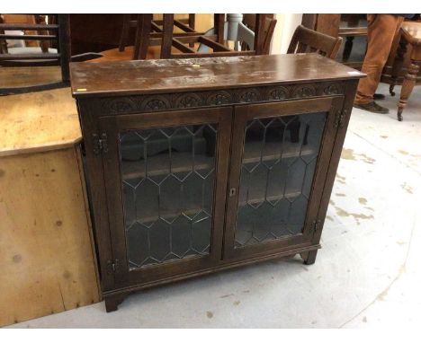 Ercol-style oak bookcase with leaded glazed doors 98 cm and similar dresser 91 cm (2)