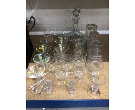 Collection of glassware, including a pair of Victorian decanters with mushroom stoppers, an etched jug and tumbler set, etc