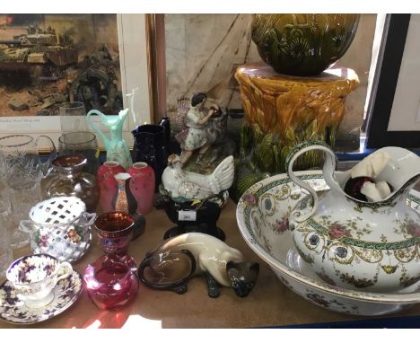 Quantity of decorative china and glass to include a Victorian Staffordshire pottery figure Of a man wrestling a lion, Victori