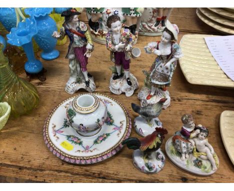 Small collection of continental porcelain, including three figures, a further group, two cockerels and a Capodimonte inkwell 