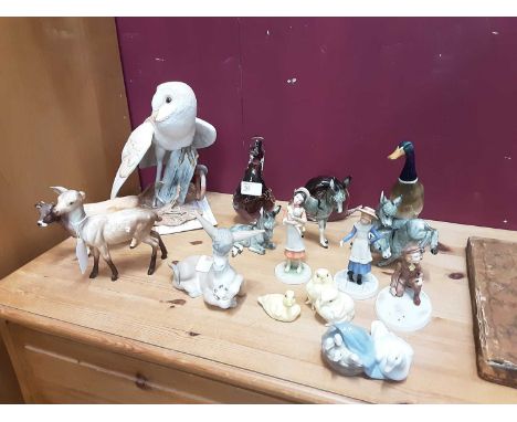 Franklin Mint model of a barn owl, Beswick deer and cow, Lladro Donkey, Wedgwood glass duck and swan and other itemsCondition