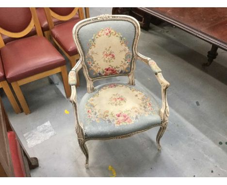 French arm chair in white painted finish with tapestry upholstery, 87cm overall, seat 42cm in height