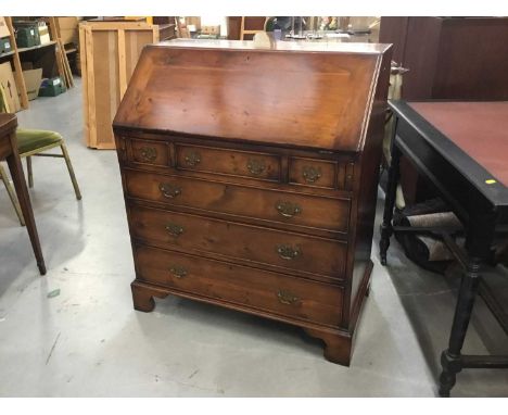 Good quality Georgian-style yew bureau with fall flap, fitted interior , arrangement of drawers below on bracket feet 86 cm w